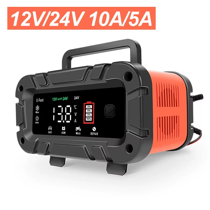7-Segment 10A/5A/6A Car Motorcycle Charger 12V/24V Smart Charger Lithium AGM GEL Lead-Acid Lifepo4 Battery Charger for Car