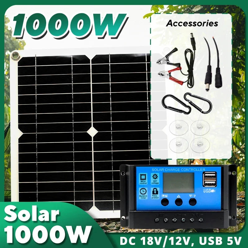 1000W Solar Panel 12V Solar Cell 10A-100A Controller Solar Plate Kit for Phone RV Car Caravan Home Camping Outdoor Battery