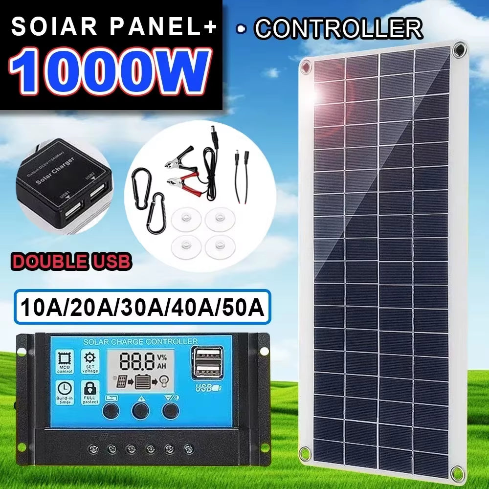 1000W Solar Panel 12V Solar Cell 10A-100A Controller Solar Plate Kit for Phone RV Car Caravan Home Camping Outdoor Battery
