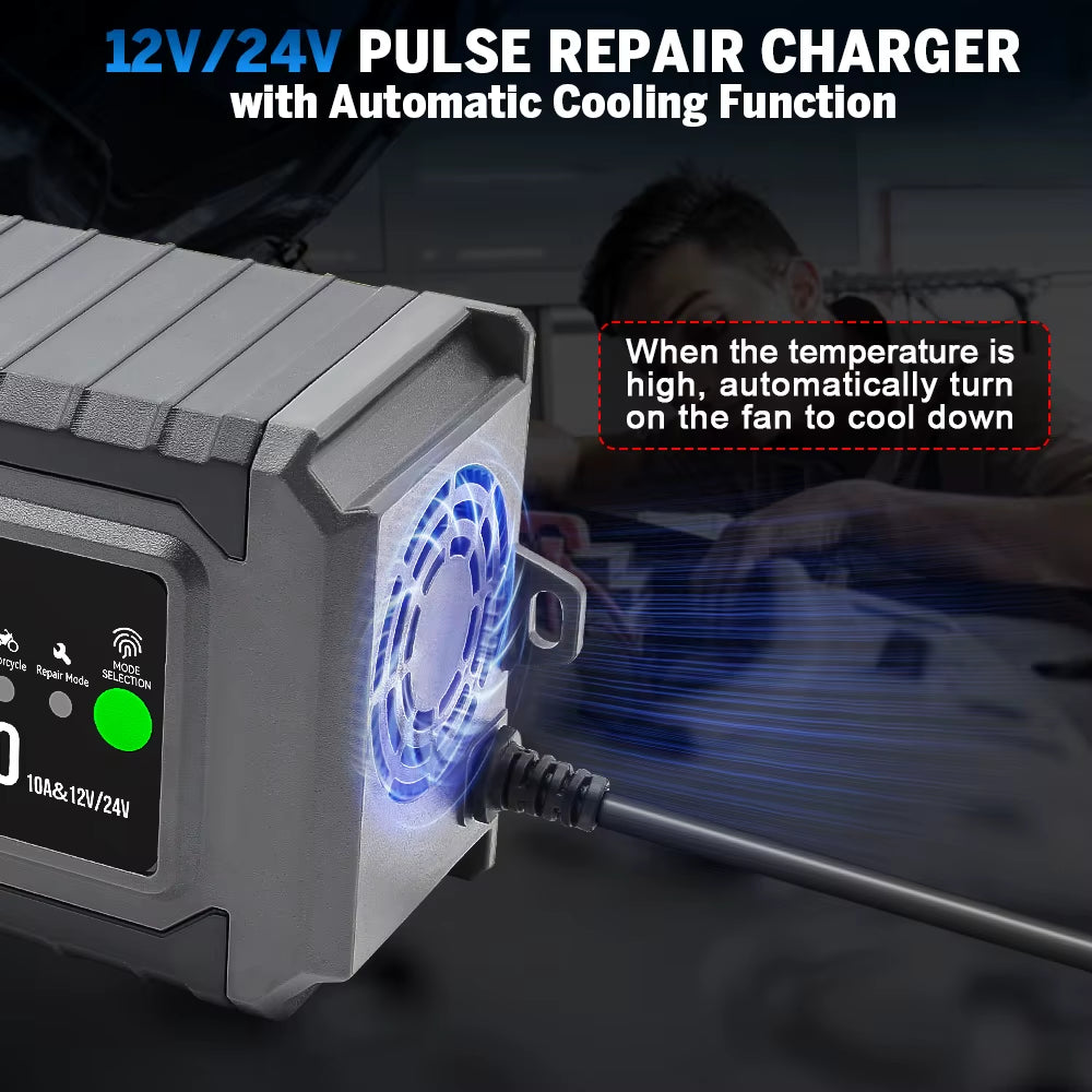12V 24V 10A Car Battery Automatic Charger Wet Dry Lead-Acid Lithium LCD Display Smart for Truck Motorcycle Charging Battery Test