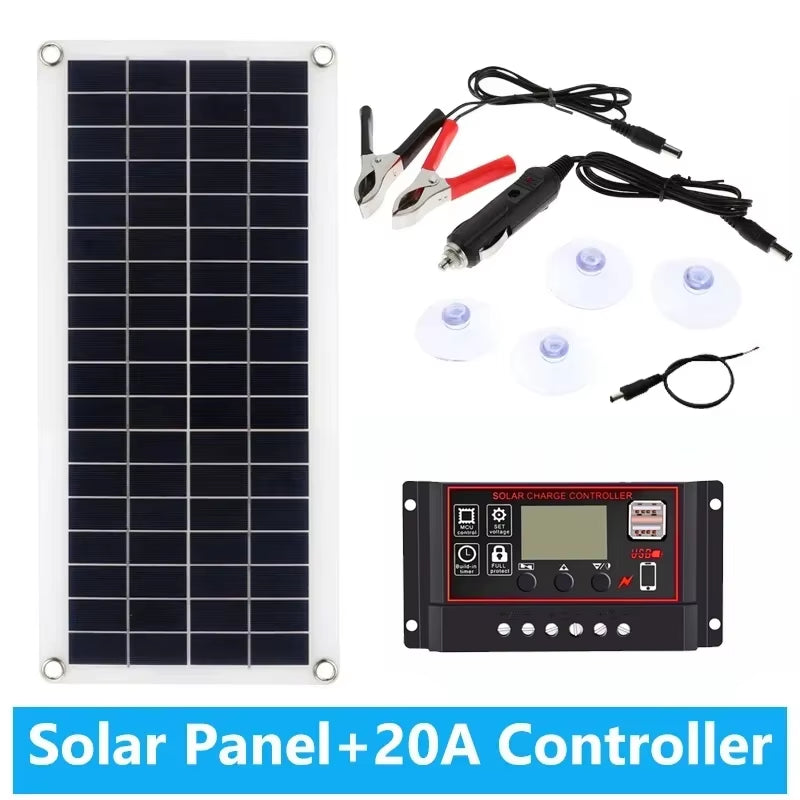 20W-1000W Solar Panel 12V Solar Cell 10A-100A Controller Solar Plate Kit for Phone RV Car Caravan Home Camping Outdoor Battery