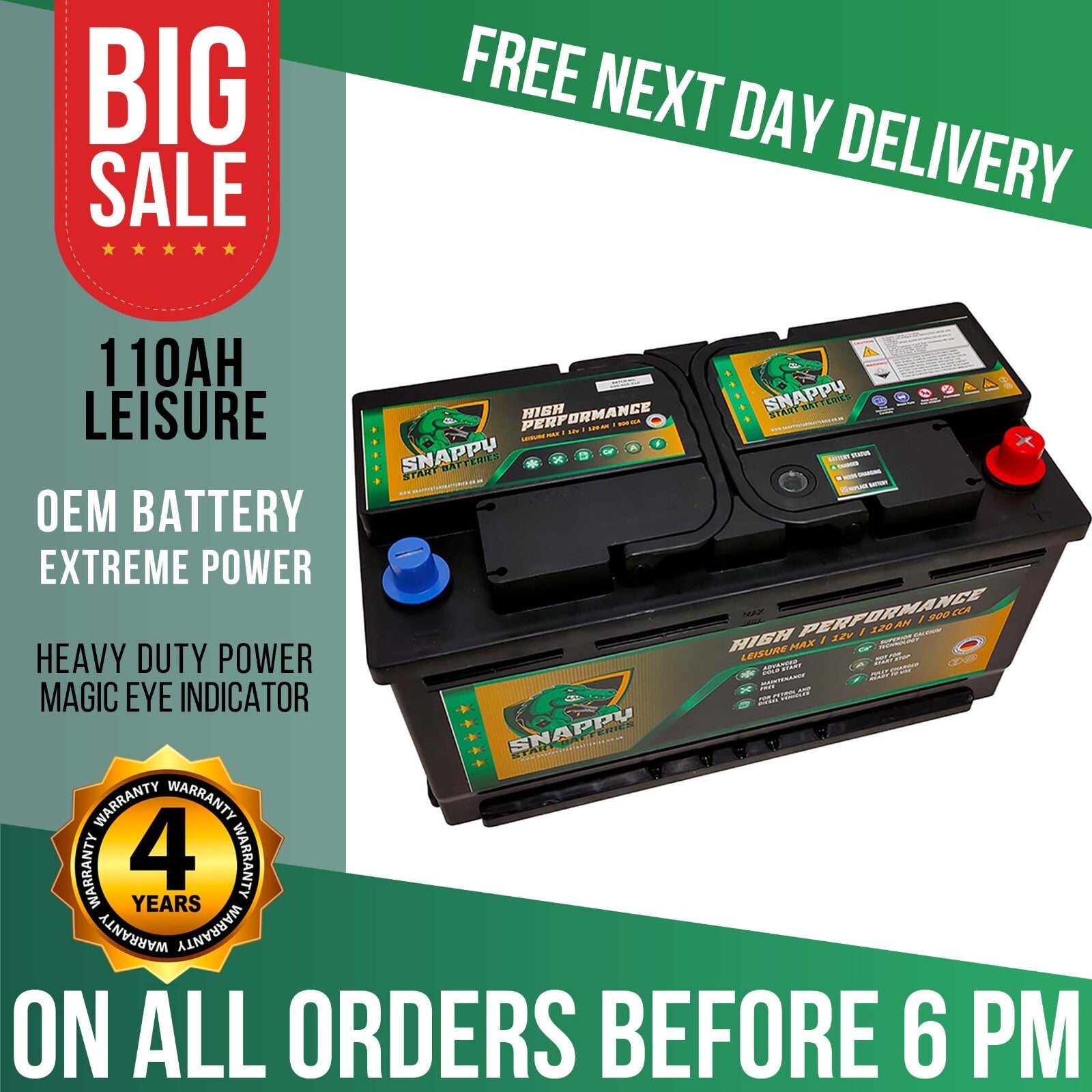 110Ah Leisure Battery 12V High Power Deep Cycle 4Yr Warranty Caravan Campervan