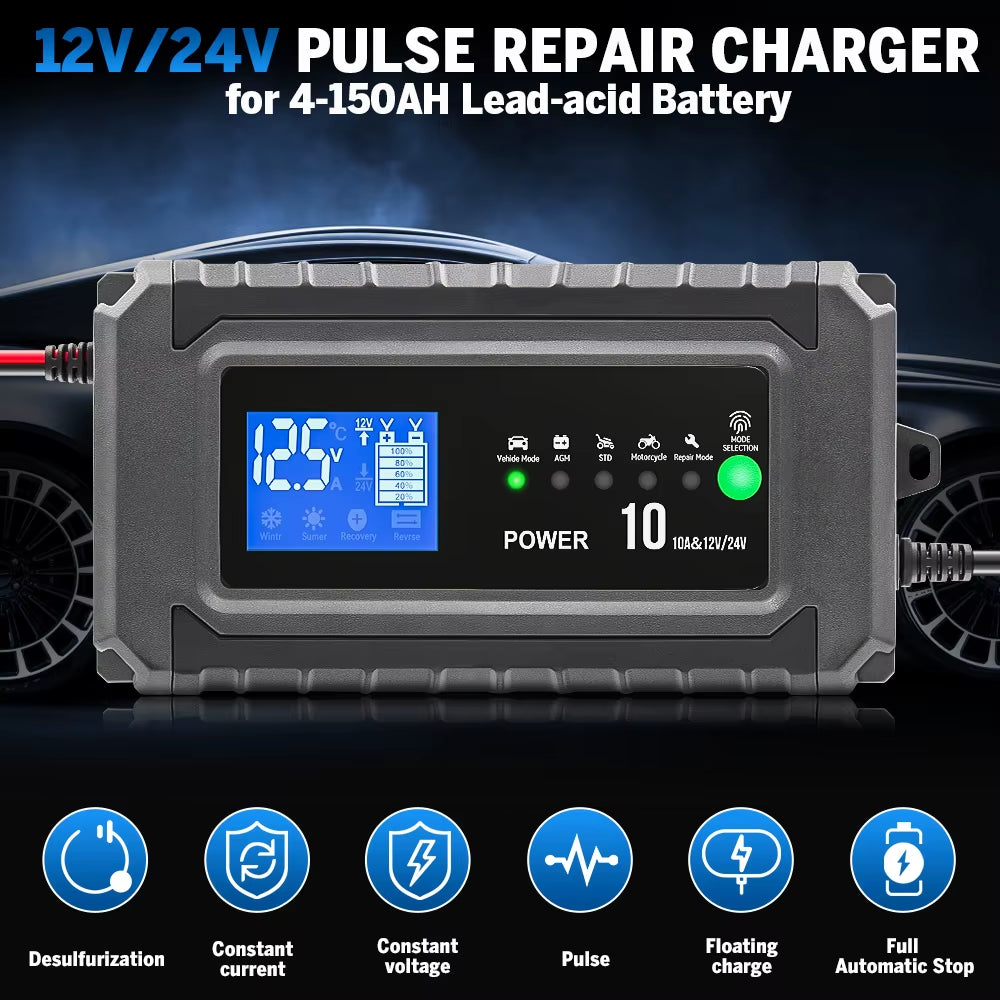 12V 24V 10A Car Battery Automatic Charger Wet Dry Lead-Acid Lithium LCD Display Smart for Truck Motorcycle Charging Battery Test
