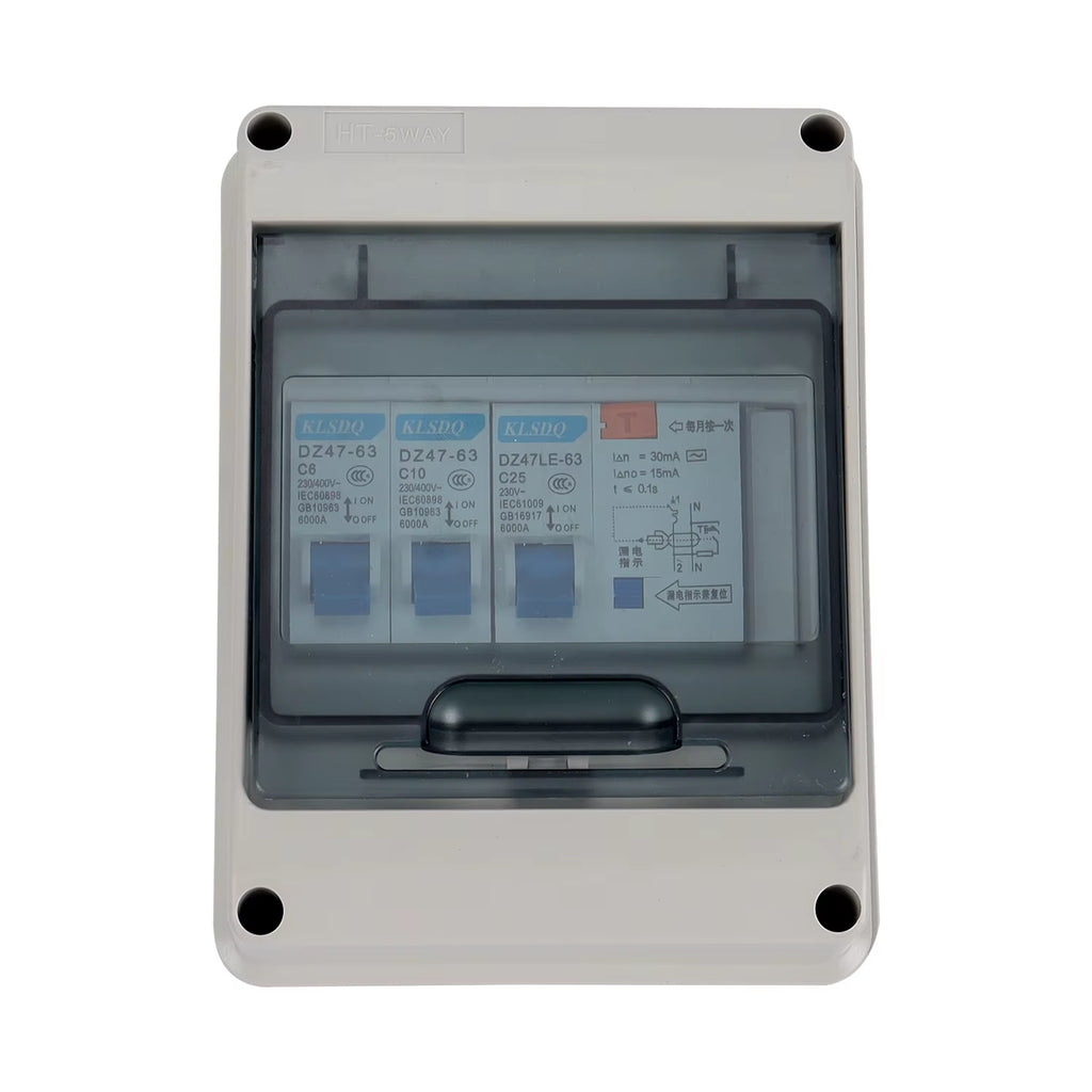 5 Way Garage Caravan Campervan IP65 Weatherproof Consumer Unit Enclosure 25A 30Ma RCD MCB Fuse Box