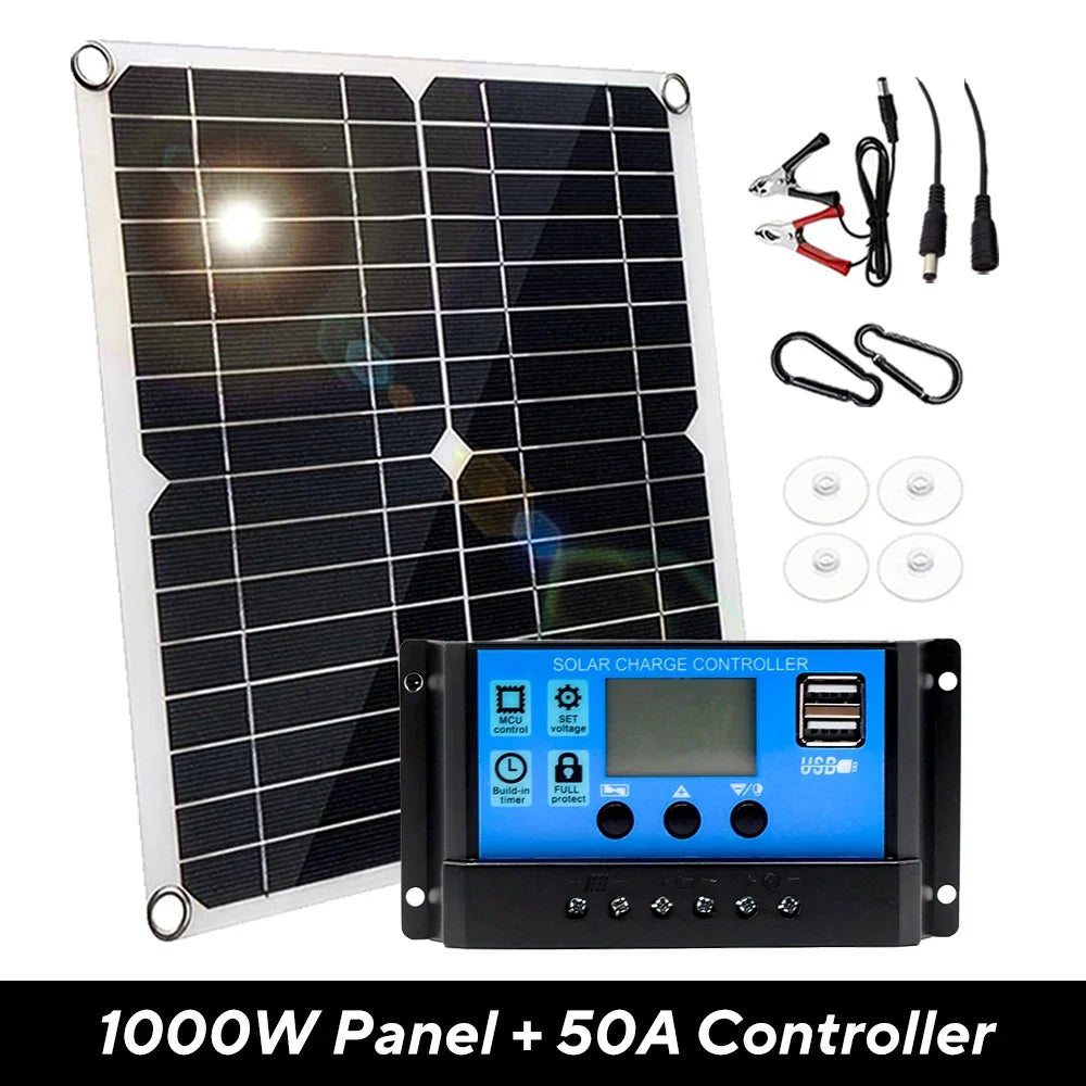 1000W Solar Panel 12V Solar Cell 10A-100A Controller Solar Plate Kit for Phone RV Car Caravan Home Camping Outdoor Battery