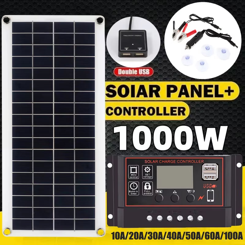 20W-1000W Solar Panel 12V Solar Cell 10A-100A Controller Solar Plate Kit for Phone RV Car Caravan Home Camping Outdoor Battery