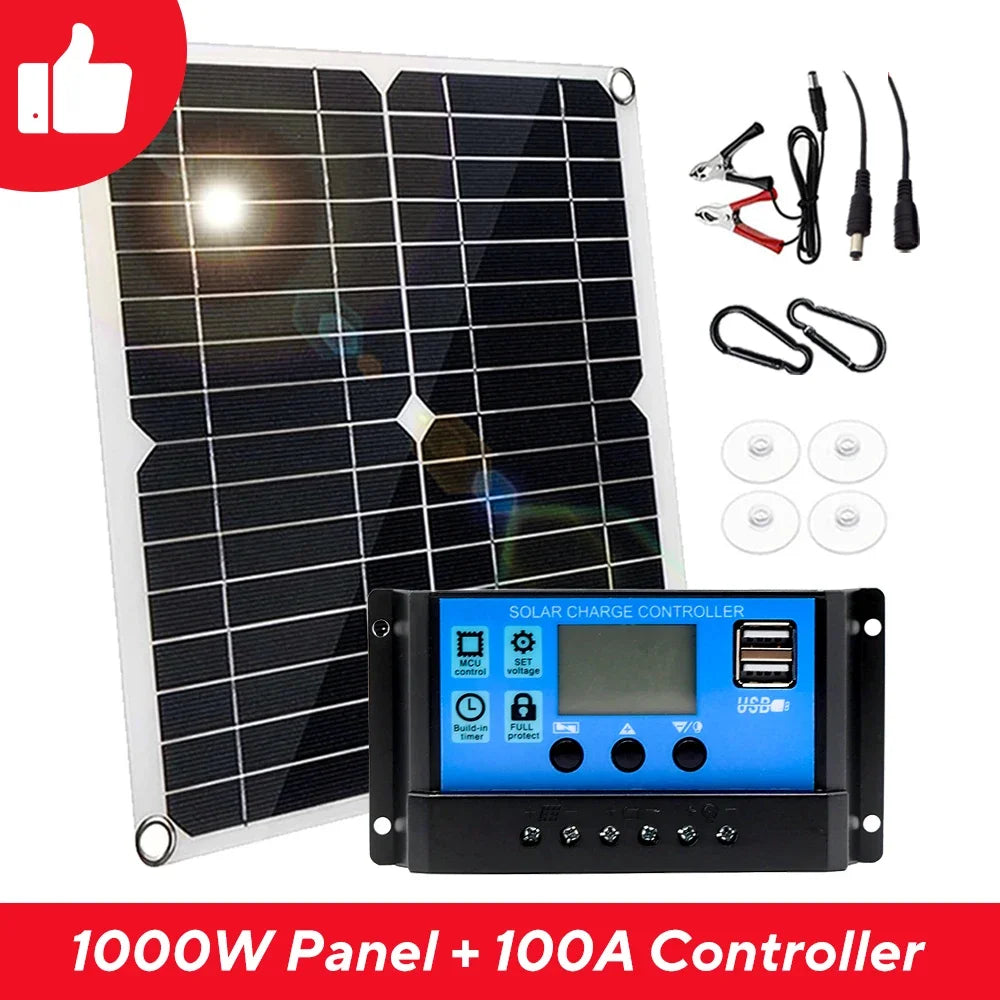 1000W Solar Panel 12V Solar Cell 10A-100A Controller Solar Plate Kit for Phone RV Car Caravan Home Camping Outdoor Battery