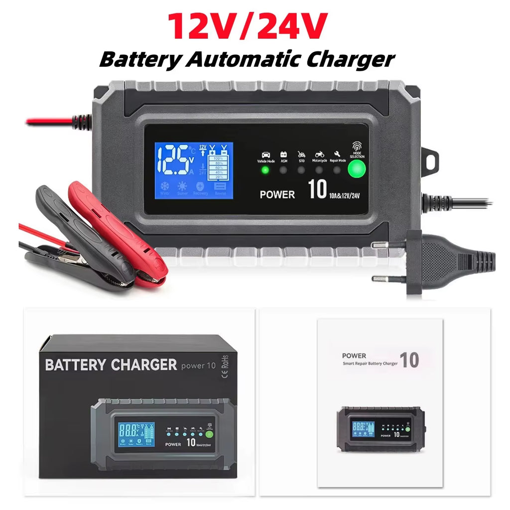 12V 24V 10A Car Battery Automatic Charger Wet Dry Lead-Acid Lithium LCD Display Smart for Truck Motorcycle Charging Battery Test