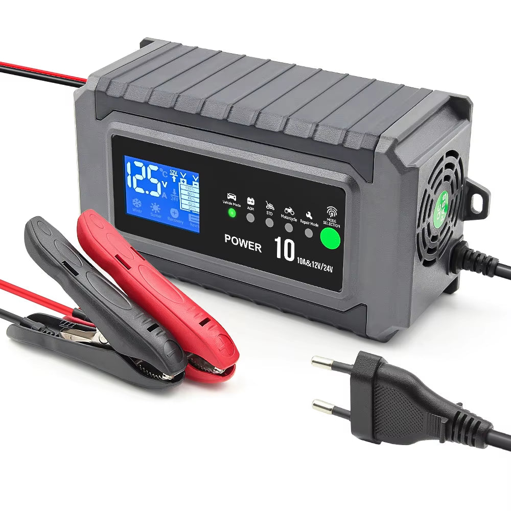 12V 24V 10A Car Battery Automatic Charger Wet Dry Lead-Acid Lithium LCD Display Smart for Truck Motorcycle Charging Battery Test