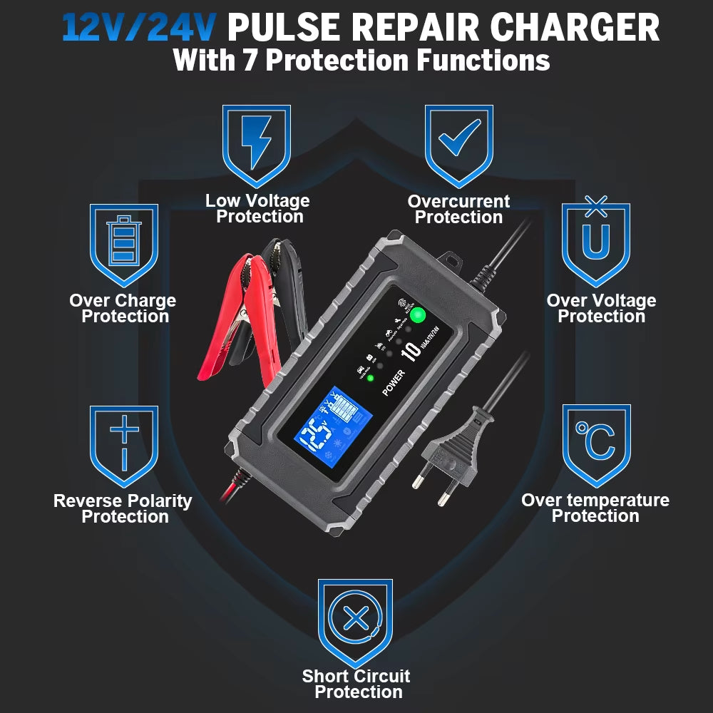 12V 24V 10A Car Battery Automatic Charger Wet Dry Lead-Acid Lithium LCD Display Smart for Truck Motorcycle Charging Battery Test